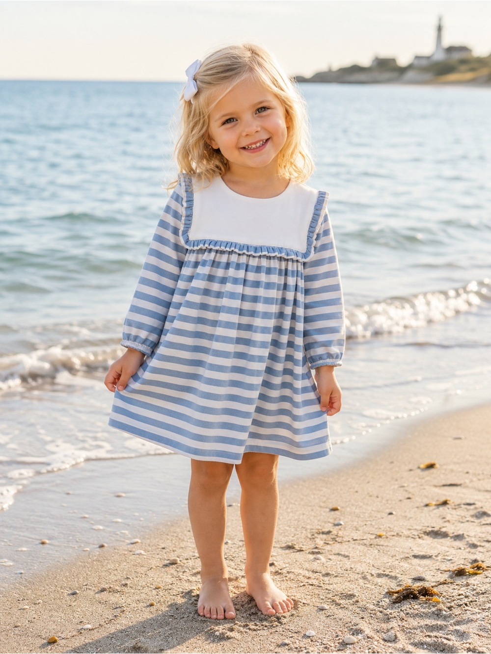 Classic Blue & White Striped Girls' Casual Dress with White Bib - Picture 1 of 3